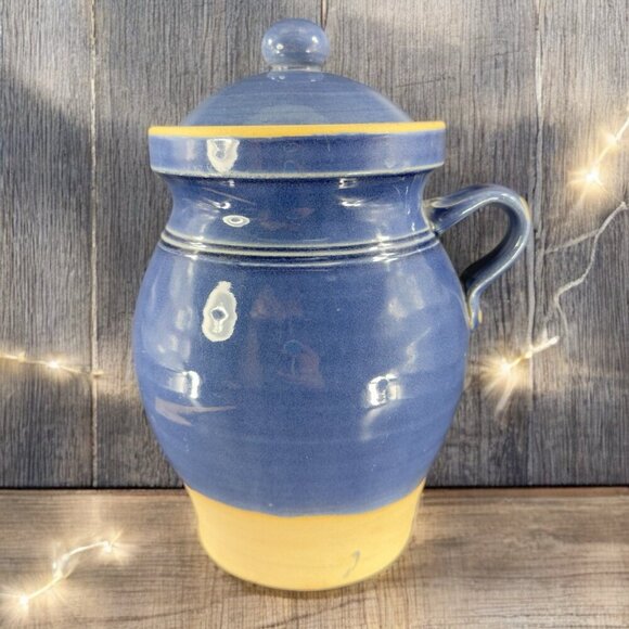 Rowe Pottery Cambridge Works Blue Glazed Jug Handle Pitcher Flower Canister Jar - Picture 1 of 16